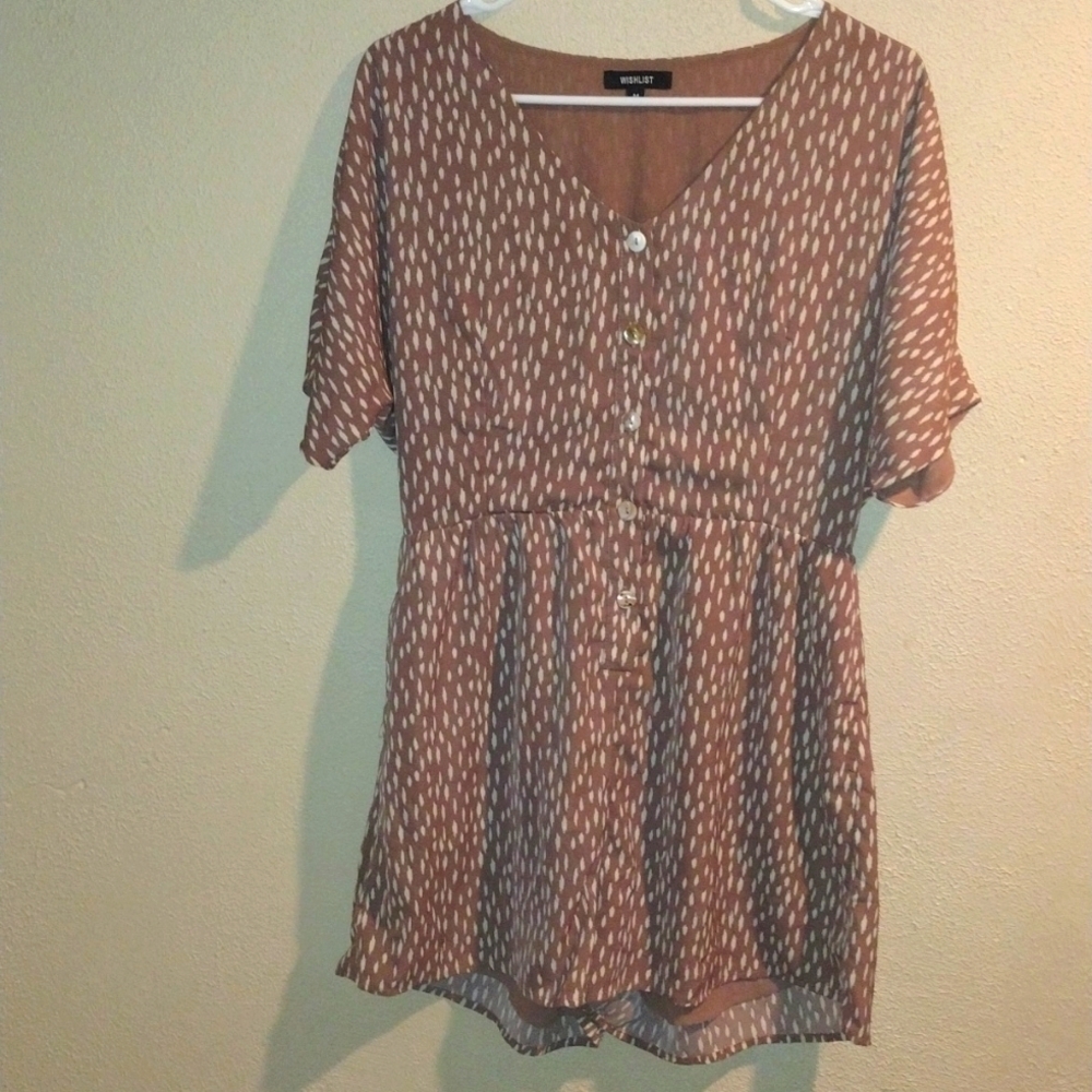 Brown Wishlist V Neck Short Romper with Pearl Buttons M